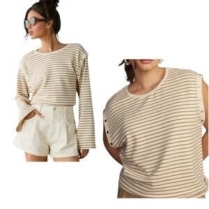 Maeve Slouchy Striped Long-Sleeve Tee Womens XS Cream Boho Convertible Bohemian